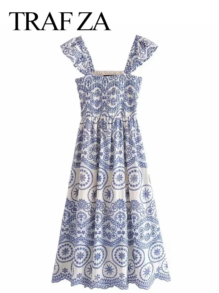 

TRAF ZA Ladies Sling Dress Ruffled Back Hollow Slim Fit Loose Retro Midi Dress Sleeveless Ladies Casual Simple Daily Street Top