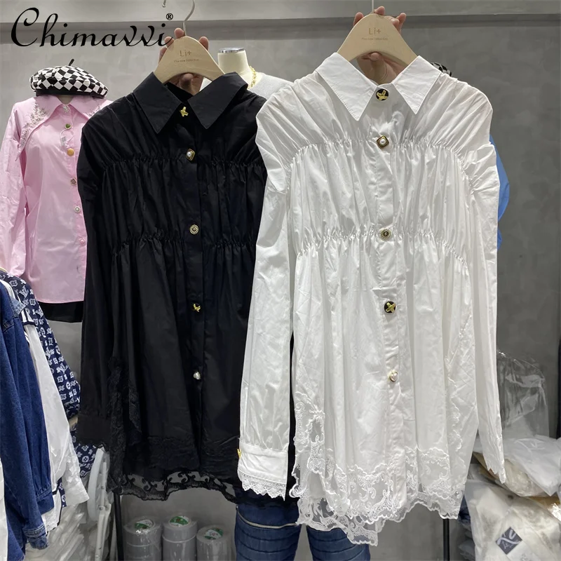 2022 Spring New Korean Style Fashion Pleated Lapel Blouses Women's Elegant Loose Comfortable Top Long Sleeve Simple Solid Shirt