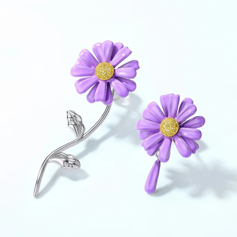 

Women Flower Asymmetric Earrings S925 Sterling Silver Gold Zircon Purple Daisy Flower Asymmetrical Stud Earring Gemstone Jewelry