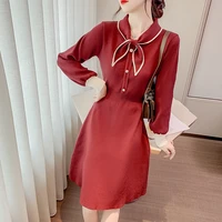 solid color women dress new knit dress autumn winter dresses pullover long sleeve bow lace up sweater dress knitting 220f
