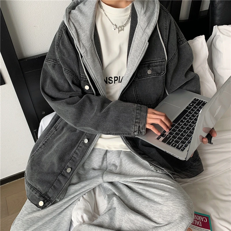 

Two fake denim hooded jackets, suitable for men's sports autumn youth work wear color jacket