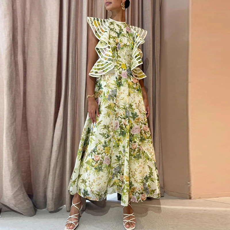 

Lady Elegant Floral Print Pleated A-line Long Dress Women Ruffles Dresses Sexy Backless Bandage Flying Sleeve Club Party Dress