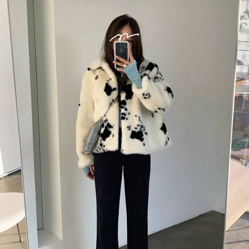Winter Cow Pattern Faux Mink Fur Coats Women Long Sleeve Turn-down Collar Thick Coat Korean Fashion Warm Fur Cropped Jacket New