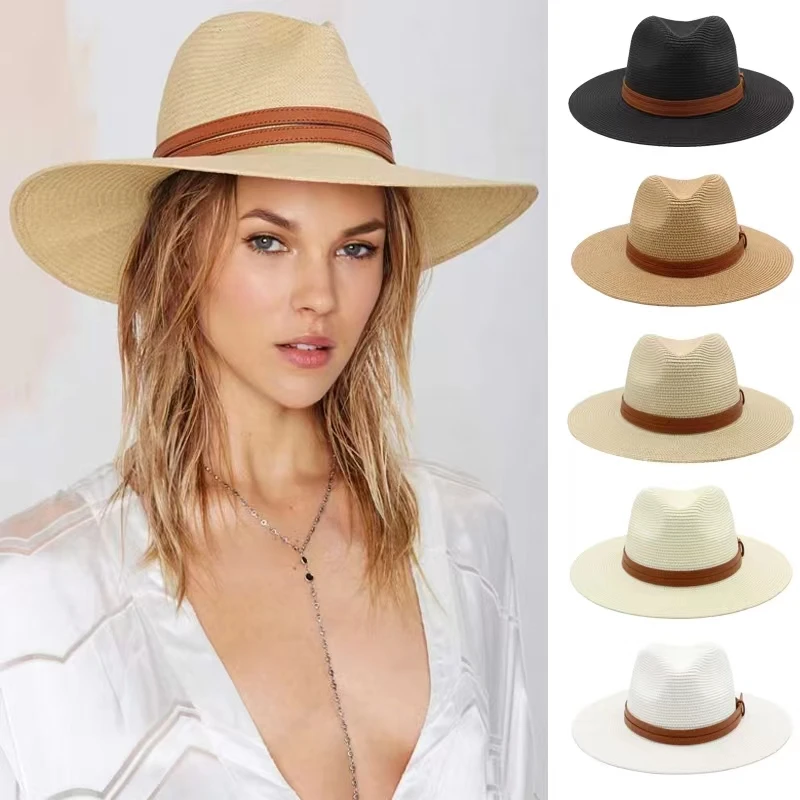 

Large Size 56-58 59-60cm New Natural Panama Straw Hat Summer Men Women Wide Brim Beach UV Protection Fedora Sun Hat Wholesale