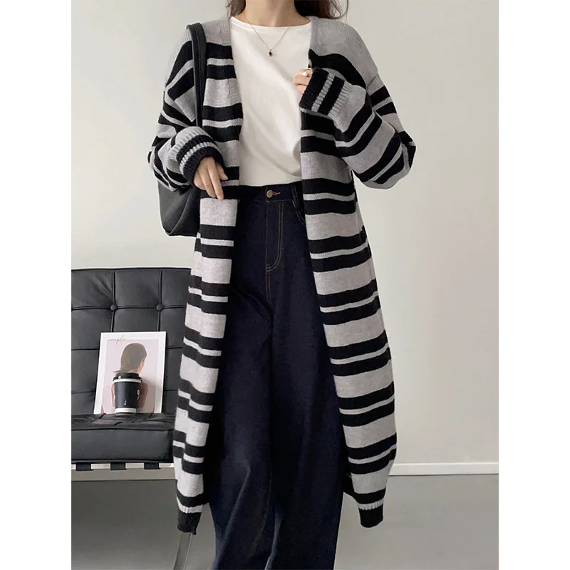 

Женский вязаный кардиган в полоску с открытой передней частью, повседневное длинное пальто