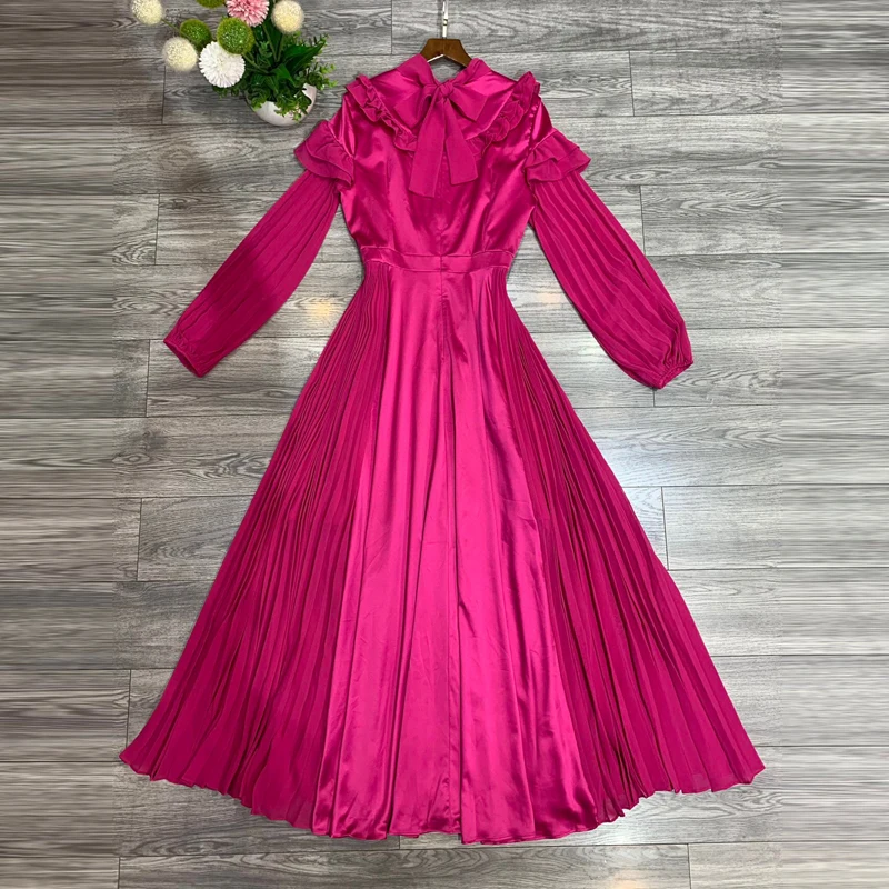 Red Color  Ruffles Lantern Sleeve Women Long Dress   Elegant Single -Breasted Party Pleated Lady Ball Gown  Dresses