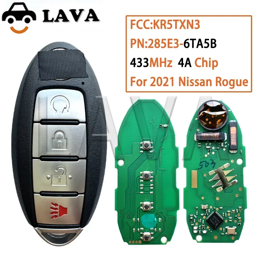 

LAVA FCCID: KR5TXN3 PN: 285E3-6TA5B S 180144503 Для Nissan Rogue Smart Remote Key 2021 года 433 МГц 4AChip с наклейкой с логотипом