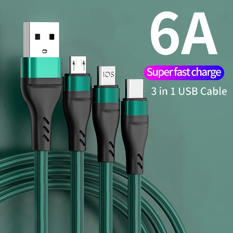 

Зарядный кабель Micro USB/Type C/8 Pin, 100 Вт, 6 А