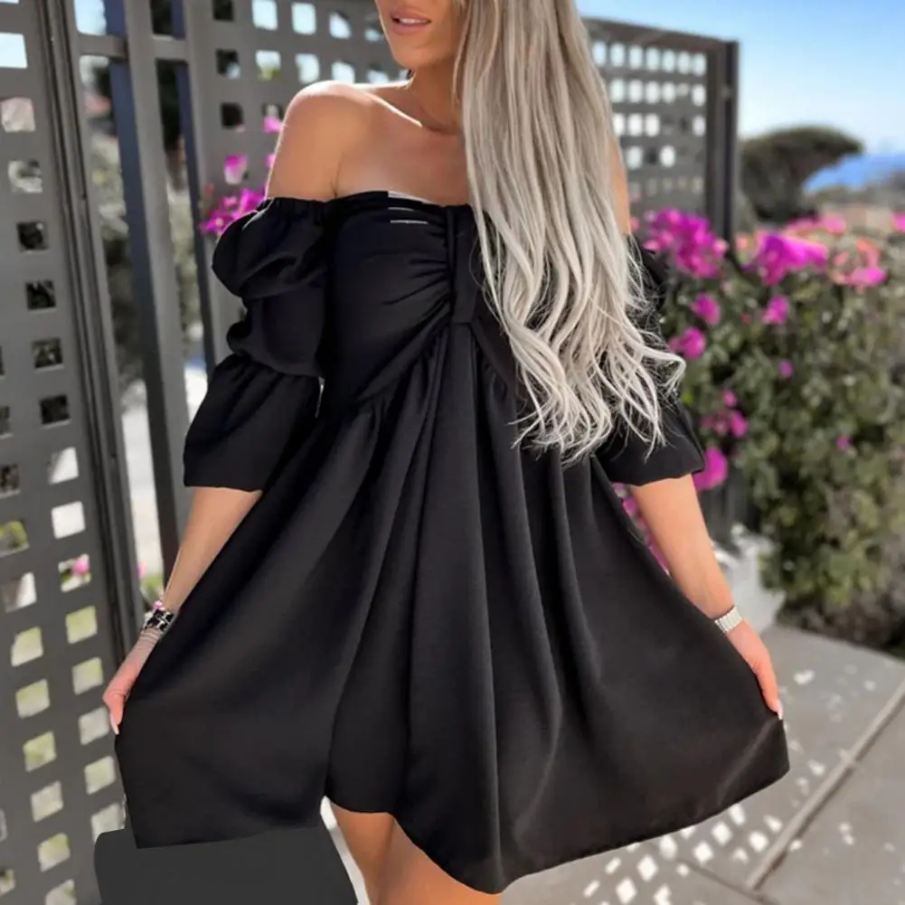 

Summer Women Sexy Slash Neck Mini Dress Shirring Three Quarter Puff Sleeve Folds Fashion Ladies Dress Cocktail Party Hot Dress