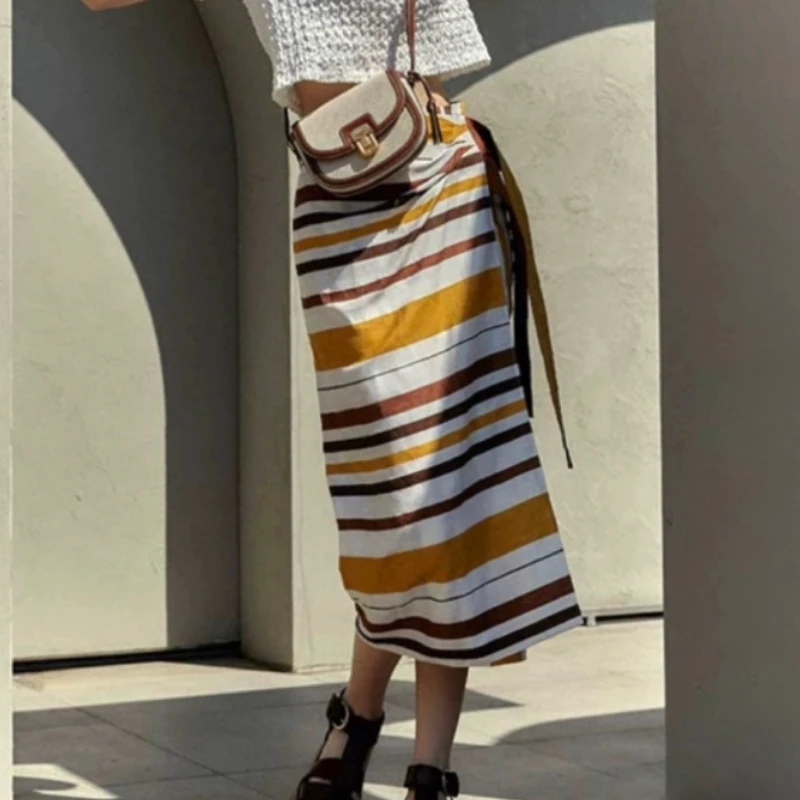 

Women's Striped Print One Piece Wrap Midi Skirt 2022 New Ladies Temperament Lace Waist Long Jupe Bohemian Skirt