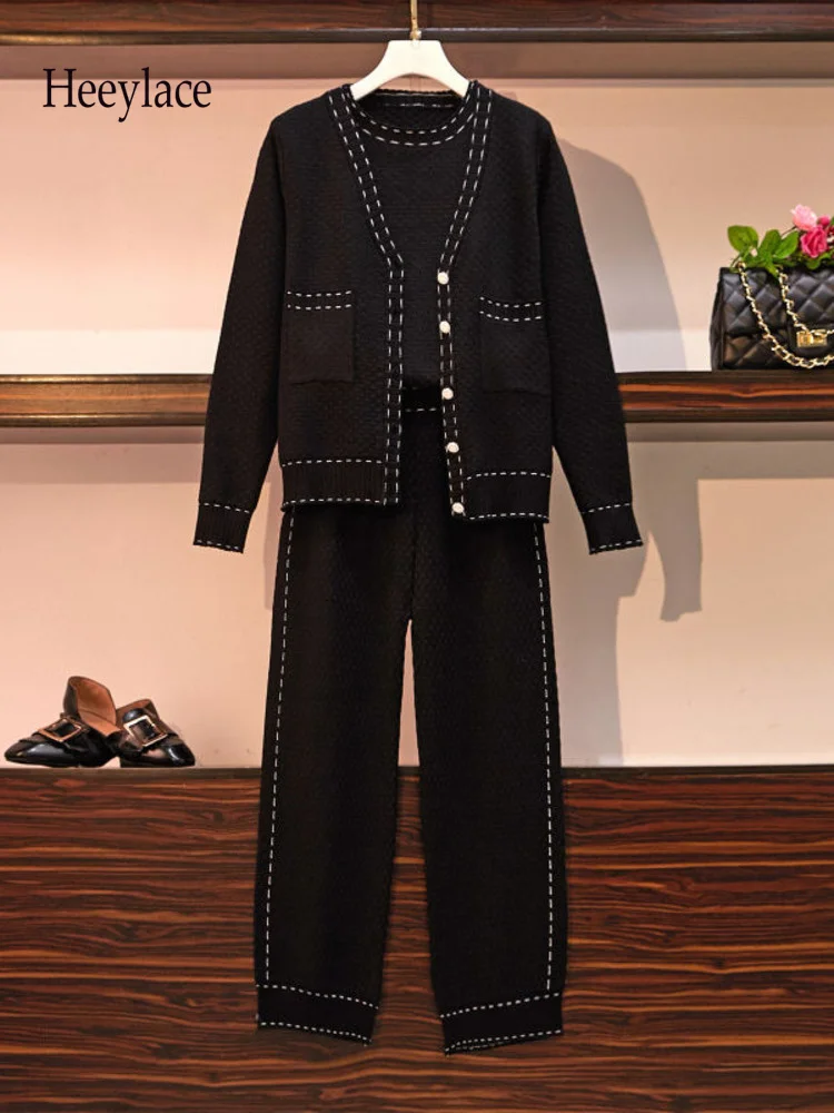 

Fall Winter Knitted Outfits For Women Long Sleeve Cardigans And Wide Leg Pants 3 Pieces Set Office Ladies Elegant Knitting Sets