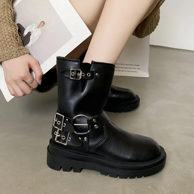 

Women's Shoes New Short Biker Boots Platform Women's Boots Autumn Metal Buckle Ladies Outdoor Walking Shoe Warm Female Booties