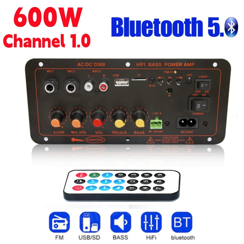 

600W Bluetooth 5.0 MP3 Amplifier Board 12V 24V Dual Microphone AMP Module USB TF FM Car Music Lossless Bass Sound for Subwoofer