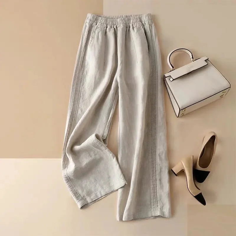 Cotton Linen Pants for Women Vintage Solid High Waist Wide Leg Pants Woman 2022 Summer Casual Loose Straight Trousers