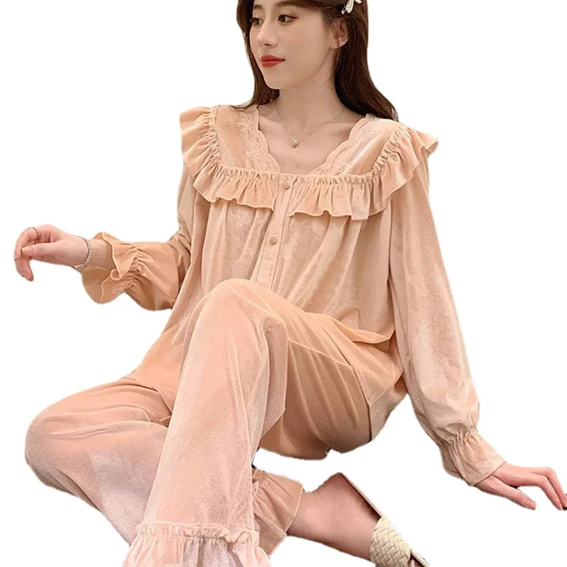 

French Stye Palace Velvet Pajamas Women Autumn Winter Sleepwear Long Sleeve Casual Nightwear Pyjamas Suit Home Clothes Sleep Set