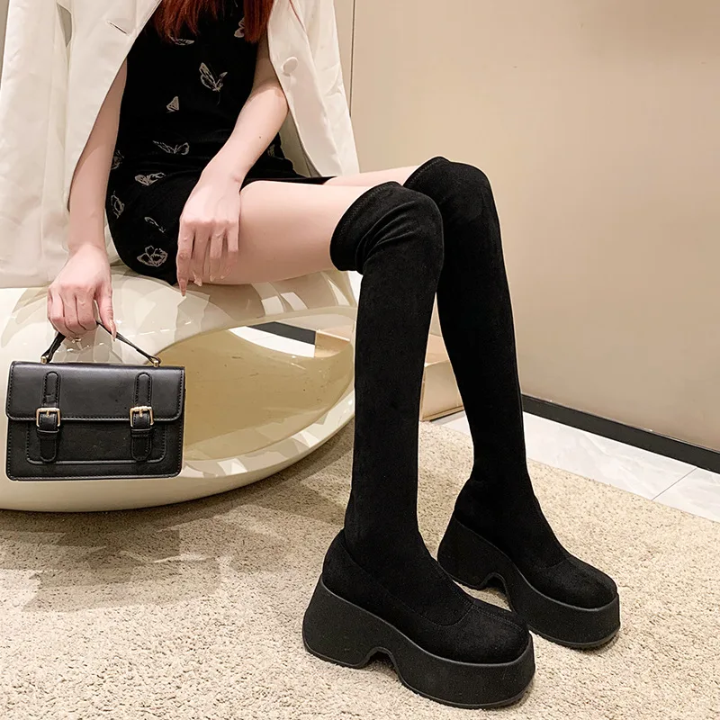 

2023 Fashion Women Long Boots Solid Thick Platform Knight Boots Womans Stretch Boots Sexy Party Shoes Female Over-the-Knee Boots