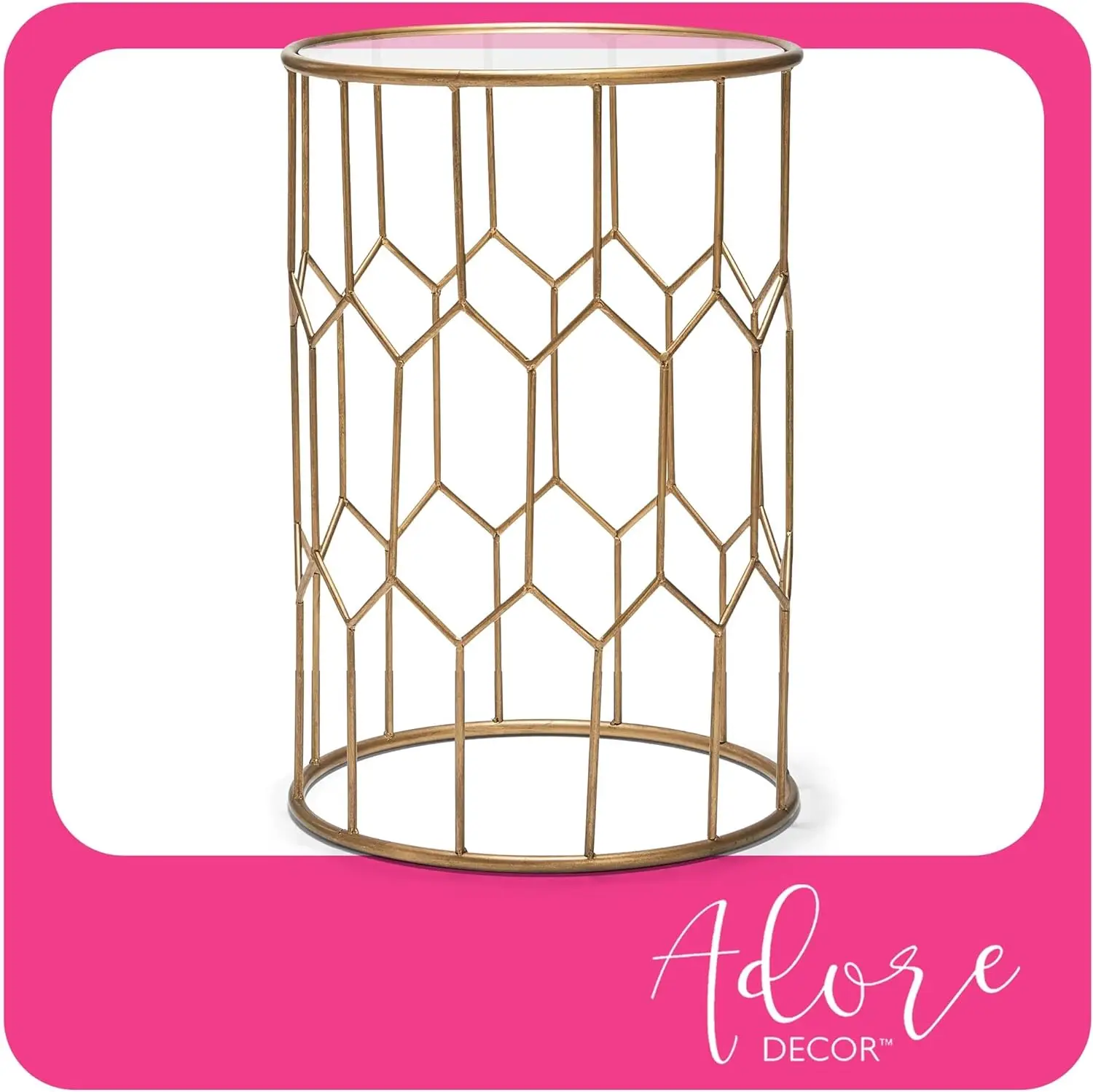 

Modern Glass and Metal Side Table, Gold Geometric Decorative Drum Small Accent for Living Room, 15.75" Wide Tabletop Round mirro