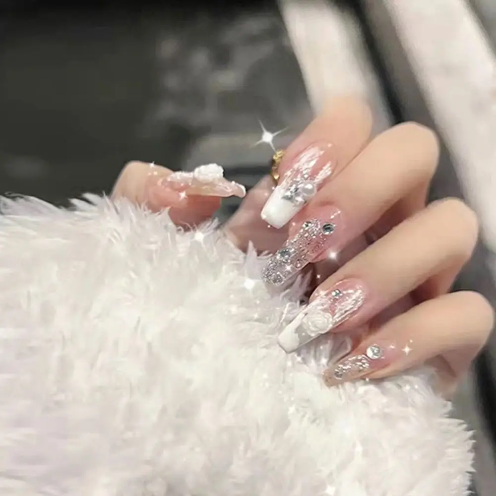 

24pcs Nail Art Tips Full Cover Aurora Wearable Rhinestone 3D Resin Camellia Fake Nails False Nails Na-ked Powder