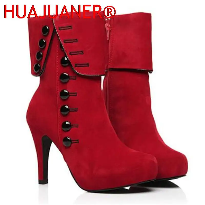 

Fashion Women Ankle Boots High Heels Fashion Red Shoes Woman Platform Flock Buckle Boots Ladies Shoes Female
