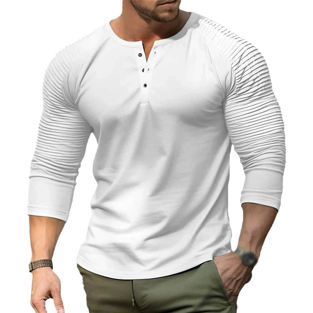 

Casual Men's Clothing T Shirts Henley Neck Slim Fit Solid Color Fold Shoulder Long Sleeve Pullover Tee Top T Shirt For Men