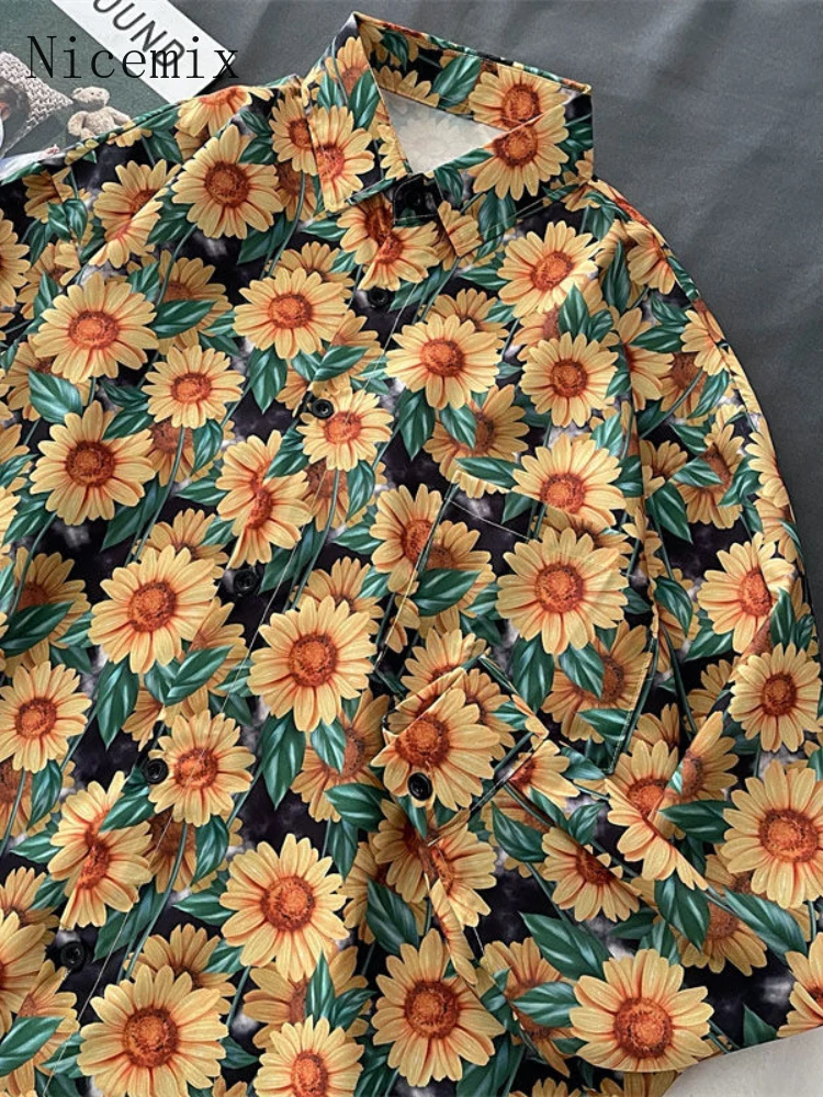 

Literary Retro Button Up Shirt Women Sunflower Print Korean Elegant Niche Student Blouse Grunge Lady Oversized Long-sleeved Top