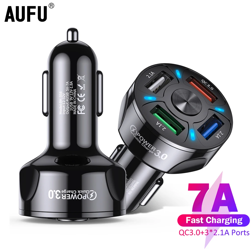 

AUFU 4 Ports USB Car Charger 7A Fast Charge QC 3.0 For iphone 11 12 13 Xiaomi Samsung Oneplus Mobile Cell Phones Adapter in Car