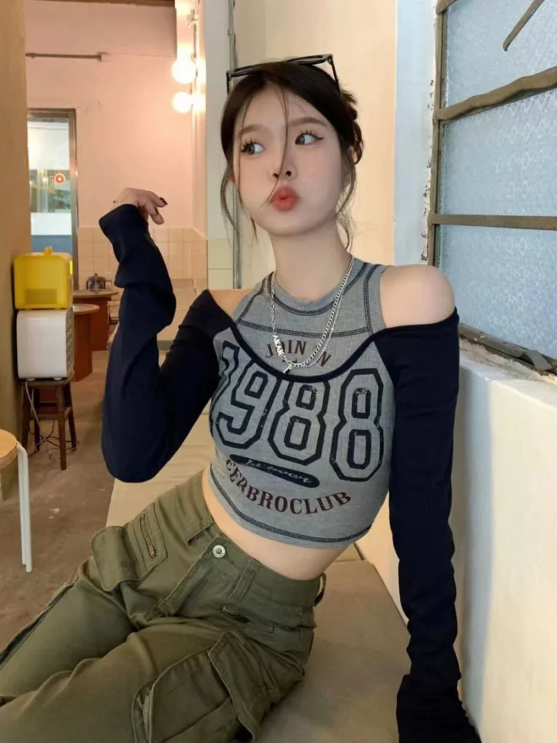 

Y2k Streetwear Vintage Korean Crop Top Women Sexy American Retro Letter Printed T Shirts Off Shoulder Aesthetic Clothes Graphic