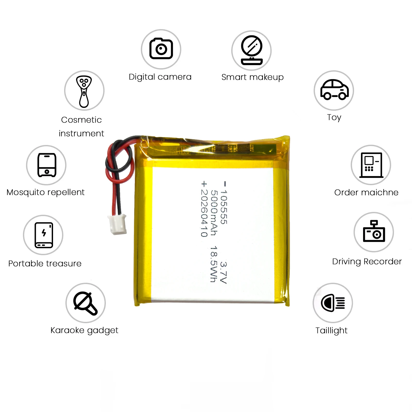 Аккумулятор литий-полимерный 105555 3.7V 5000mAh, перезаряжаемый, с платой защиты PCB PH2.0, для Power Bank (art.: 3920da50045fc) - 3920da50045fc