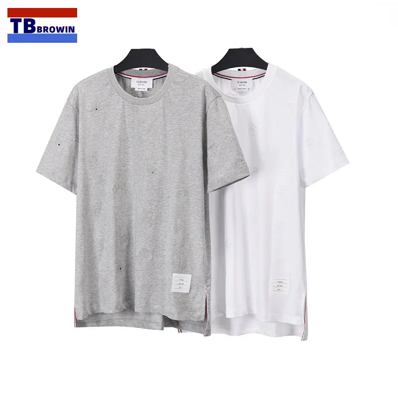 

TB BROWIN Thom Men Short Sleeve Tops Summer Fashion Split Ribbon Cotton Tees Round Neck Flower Embroidery Casual T-shirt For Men