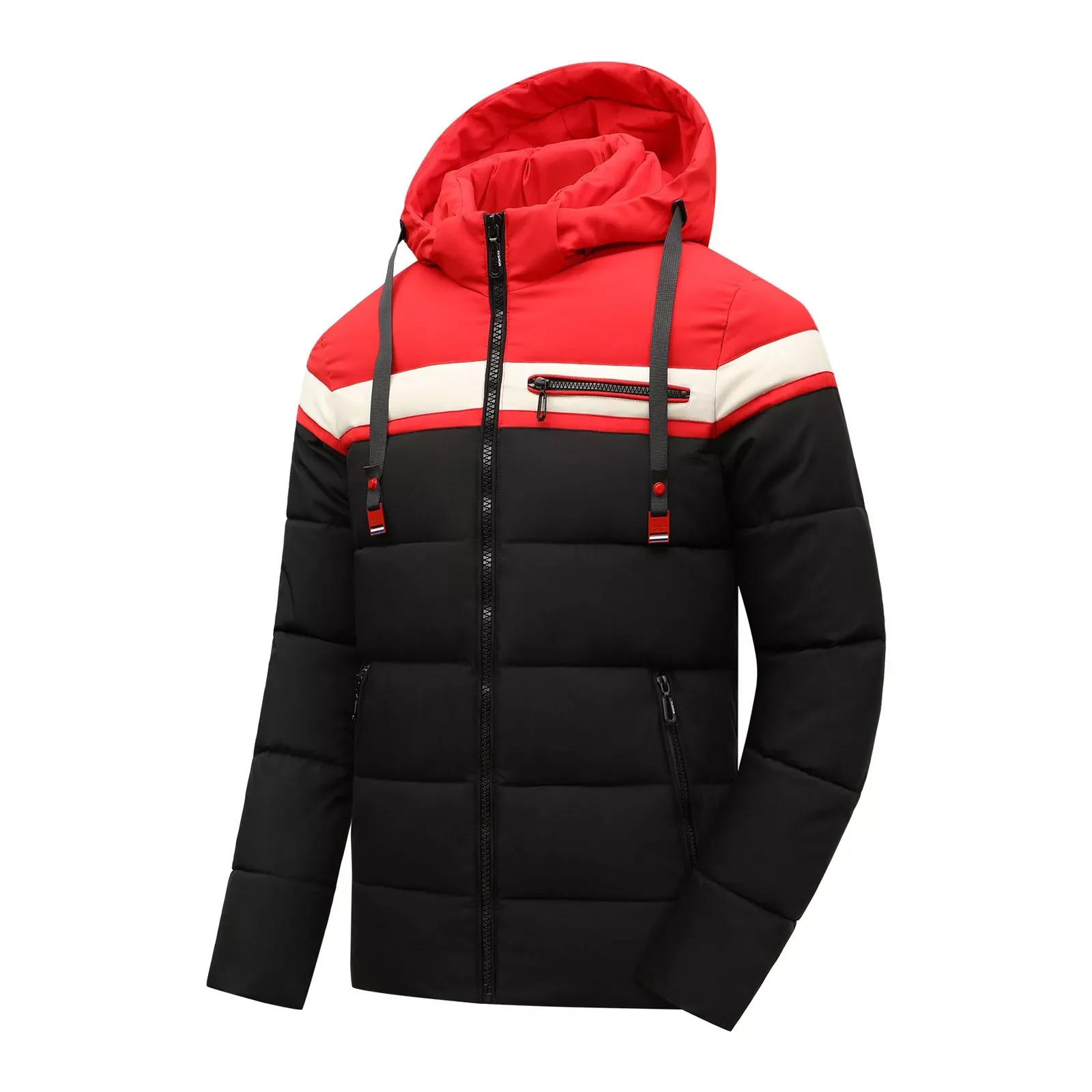 

NEW IN Men's Warm Winter Full Zipper Windproof Solid Color Splicing Detachable Hood Snow Jacket with Zipperd Pocket