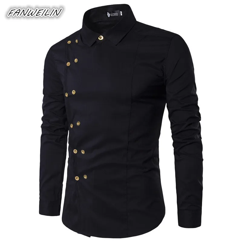 

2021Autumn Mens Oblique Button Irregular Double Breasted Ethnic Shirts Men Solid Color Long Sleeve Slim Fit Black Shirt Male Top