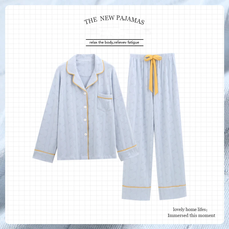 

Lapel Pajamas Cotton Solid Button Up Shirt Pant 2Pcs Sleep Set Nightwear Sleep Wear Bow Home Clothing Loose Pj Suit Homewear