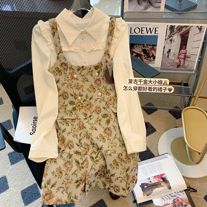 

Винтажное жаккардовое платье с имитацией двух частей, новинка весны-лета 2023, модное милое платье с длинным рукавом, французские Платья с цветочным принтом для женщин