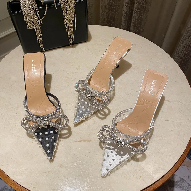 

2022 New Spring Women Slipper Bling Crystal Bow-knot Rose Red Pointed Toe Slip On Mules Shoes Thin High Heel Ladies Sandal Shoe
