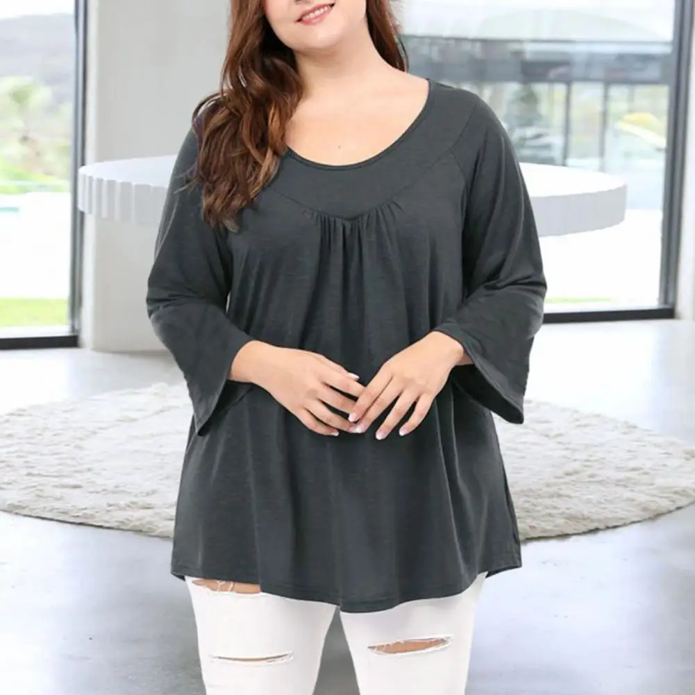 

Pullover T-shirt Stylish Plus Size Women's Pleated Loose T-shirt Blouse with Soft Long Horn Sleeves Casual Breathable Fashion