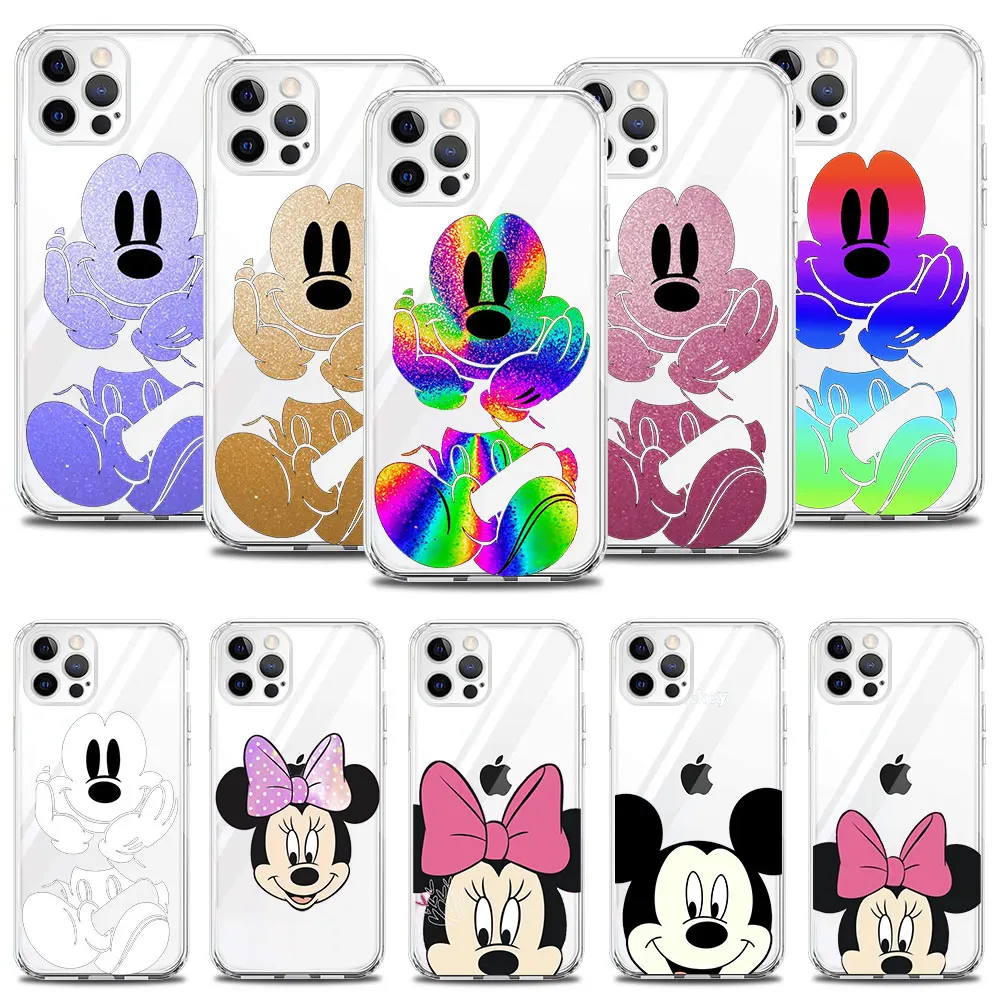 

For Apple iPhone 13 Pro Max XS 14 7 8 Plus X XR 12 11 Back Celular Case Transparent Rainbow Colour Mickey Minnie Hold Your Chin