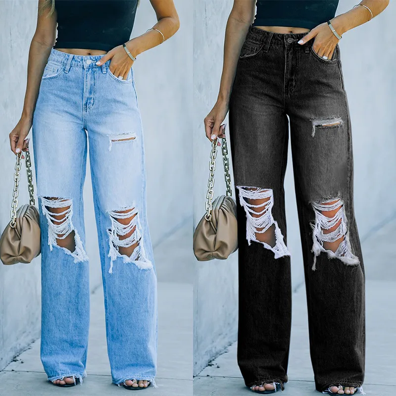 

European Jeans Female Slimming Ripped Thin Style Mopping Pants 2023 Summer High Waist Fashion Blue Haren Pants