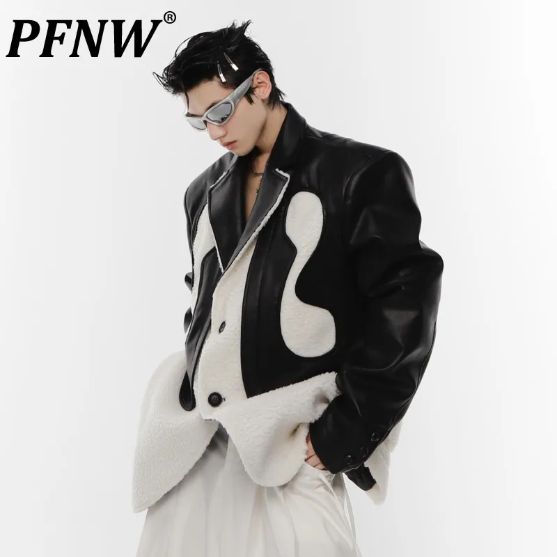 

PFNW Autumn Winter New Men's Niche Chic Suit Jacket Turn-down Collar Patchwork Leather Splicing Cashmere Leisure Coats 12A6567