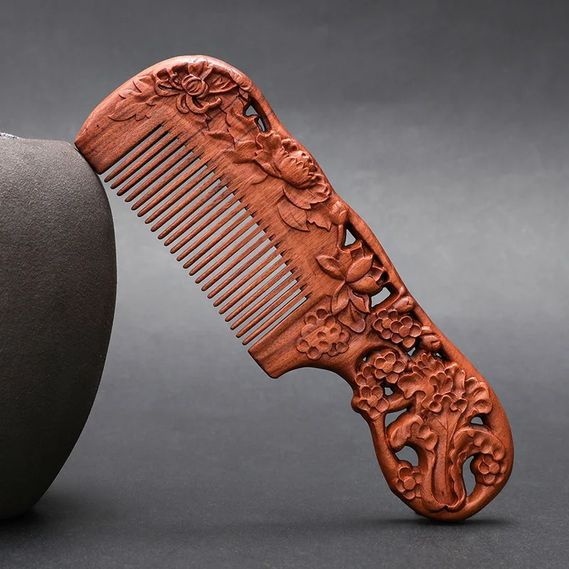 

African Sour Wood Carving Flower Comb Large High Density Submerged Double Sided Sculpture Straight Hair Long Comb Hair Tools