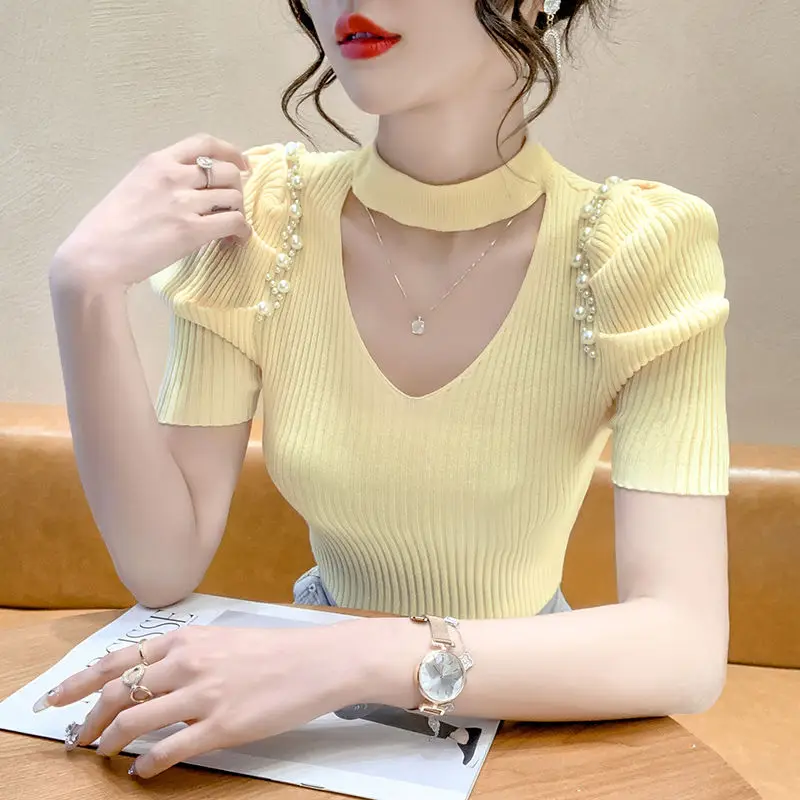 

Summer Beaded Hollow Out Short Sleeves Knitted T-shirt Slim Fit Crop Tops Korean Fashion Shirts Designers Office Ladies New