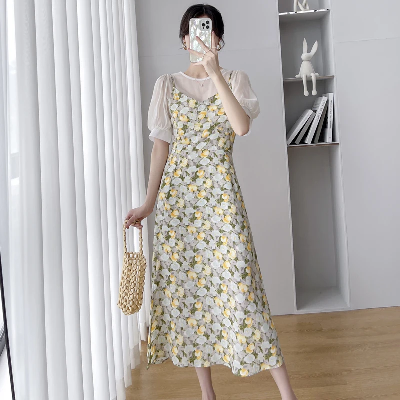 

New Summer Floral O-neck Two-piece Dresses Women Clothing Puff Short Sleeve Tender Sweet Chiffon Dress Female