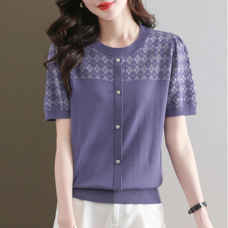 

Knitted Tops For Woman Plaid T Shirt 2023 Summer Womens Clothing Short Sleeve T Shirts Women Loose Casual Tshirt Tee Shirt Femme