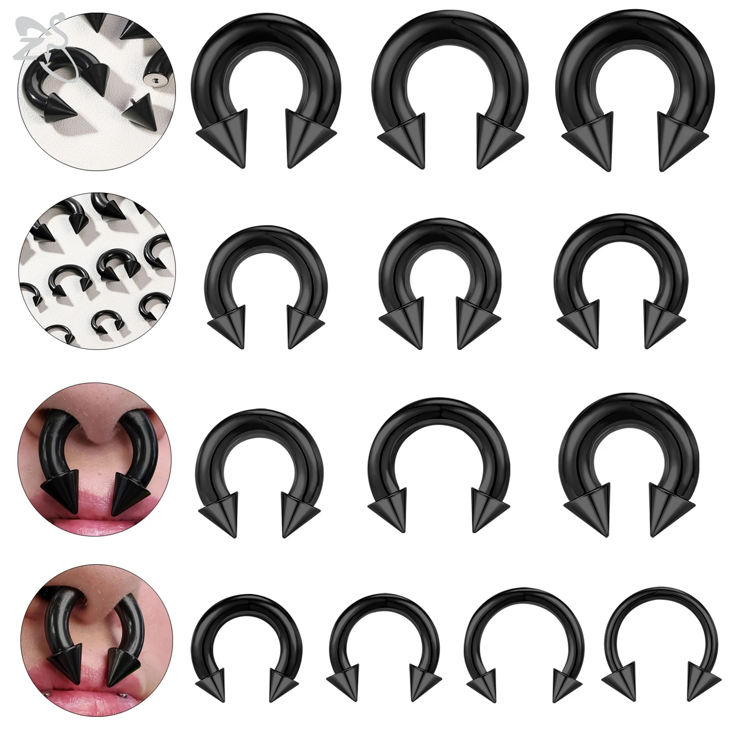 

ZS 1PC Black Color Septum Ring Spike Stainless Steel Nose Piercing 2/4/6/8G Large Gauge Internal Threaded Septum Ear Expander