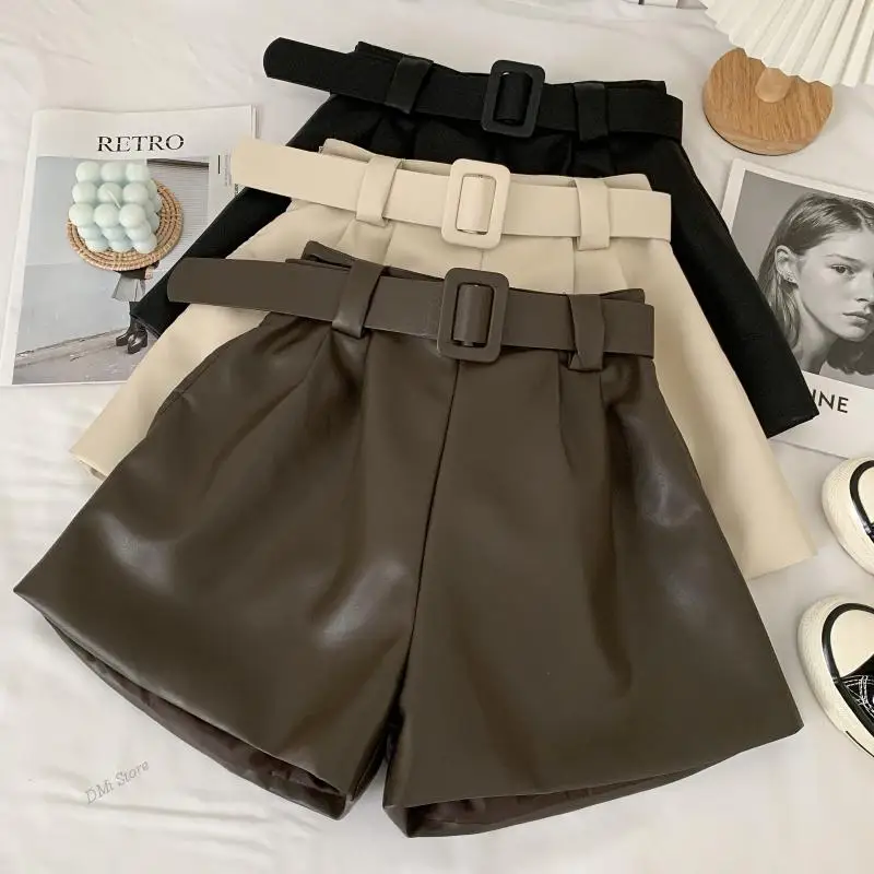 DIMI Ladies Sexy Leather Shorts Autumn Winter New Pu Leather Shorts Women Shorts All-Match Sashes Wide Leg Short