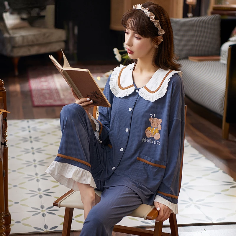 New Princess Style Kawaii Rabbit Printing Soft Cotton Sleepwear Spring Autumn Loose Size Turn-down Collar Pajamas for Girls