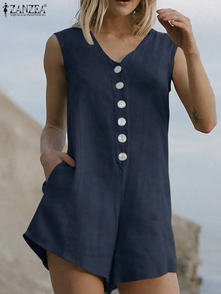 

ZANZEA Summer Women V Neck Sleeveless Jumpsuits Fashion Beach Rompers Casual Loose Overalls Oversize Buttons Short Playsuit 2022