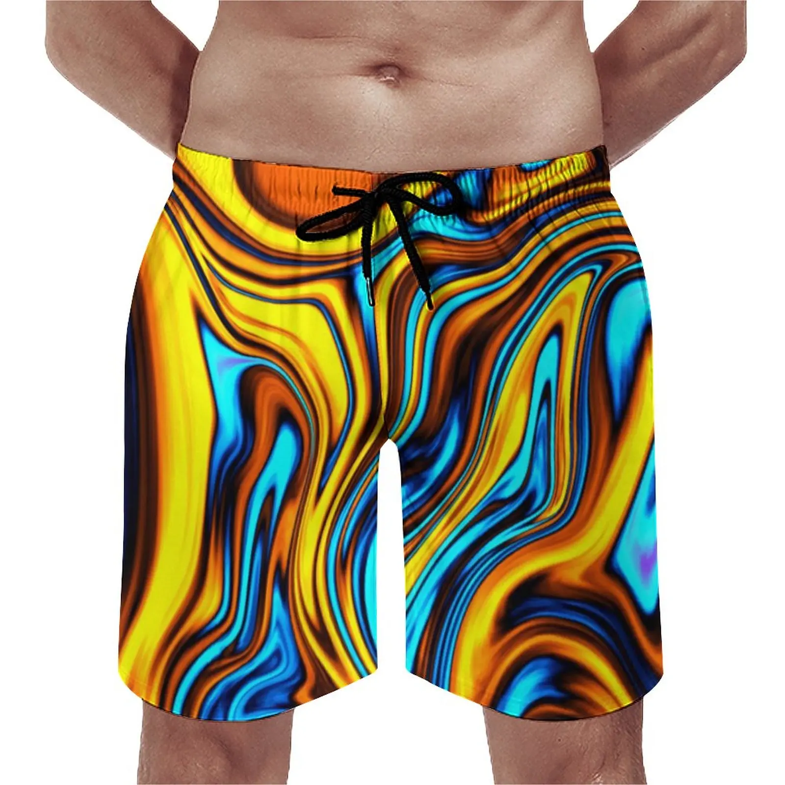 

Golden Retro 60s Gym Shorts Summer Abstract Lava Flow Print Running Surf Board Short Pants Comfortable Casual Swimming Trunks