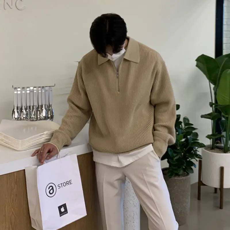 

2023 Men Autumn Winter New Korean Zipper Sweater Tops Men's Lapel Solid Casual Pullovers Male Long Sleeve Knitted Tops U122