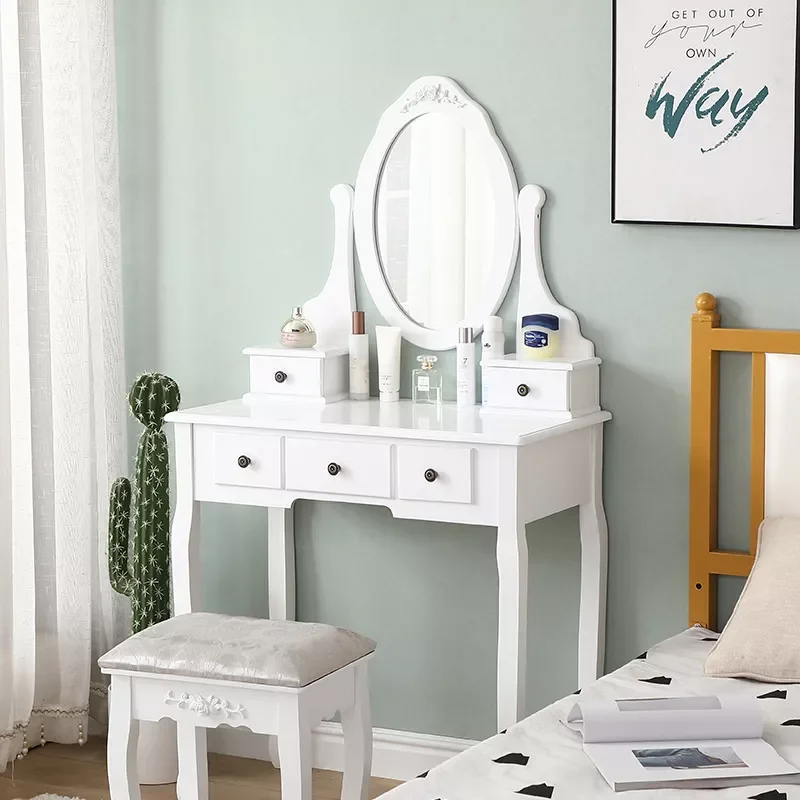 

Dressing Table Makeup Dressing Table With Stool 5 Drawer Storage Adjustable Mirrors Retro Style White Bedroom Display Furniture