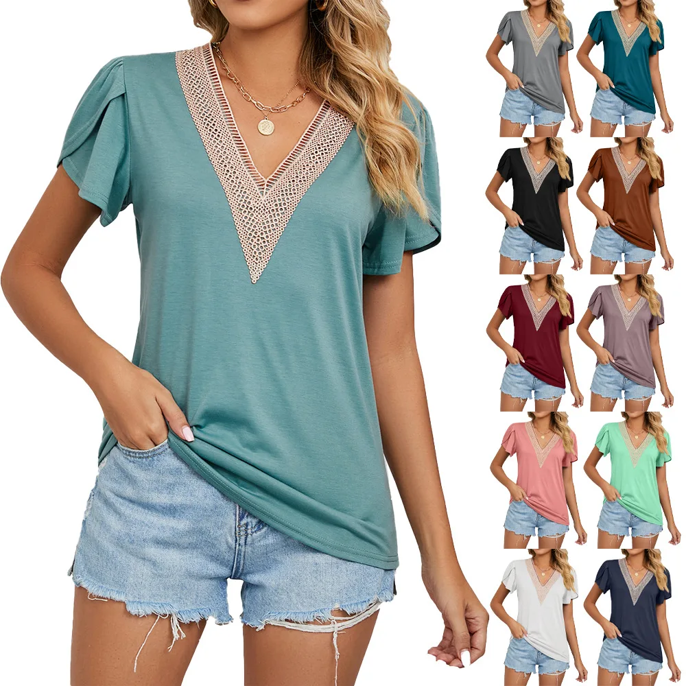 

Fashion Gold lace V-neck short sleeve Women's Summer Casual solid color T-shirt tops Loose Female Tee Short Sleeve Clothes 2023